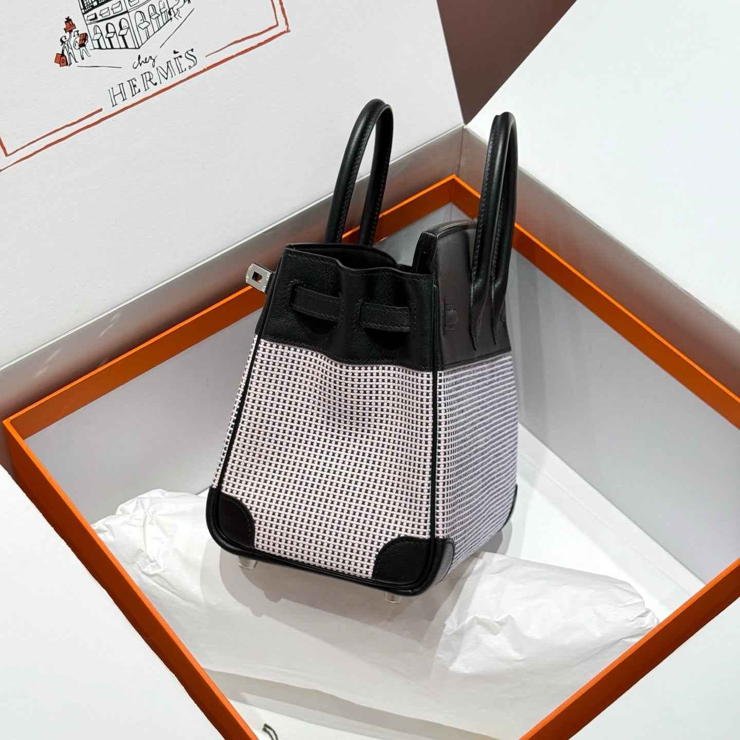 Hermès Birkin Bag 25cm Silver Hardware Black Swift Leather Blue Canvas