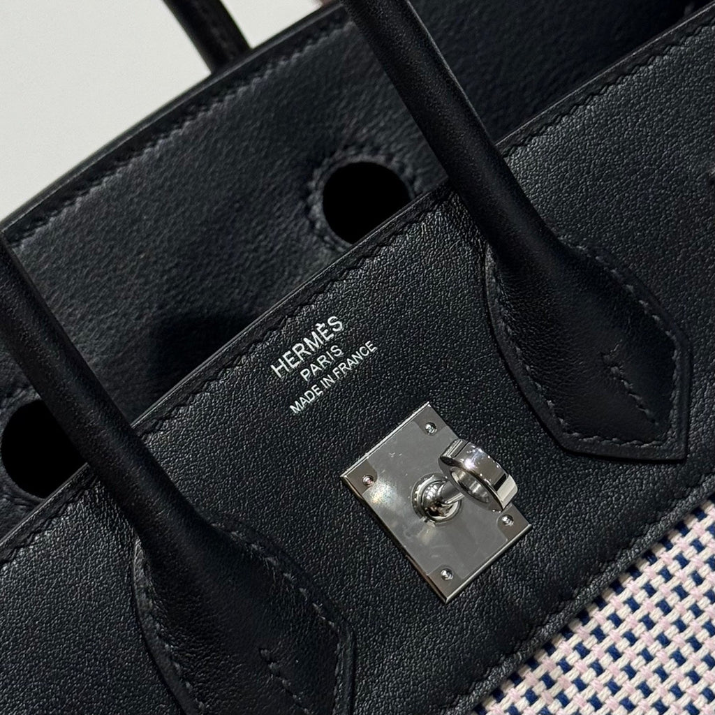 Hermès Birkin Bag 25cm Silver Hardware Black Swift Leather Blue Canvas