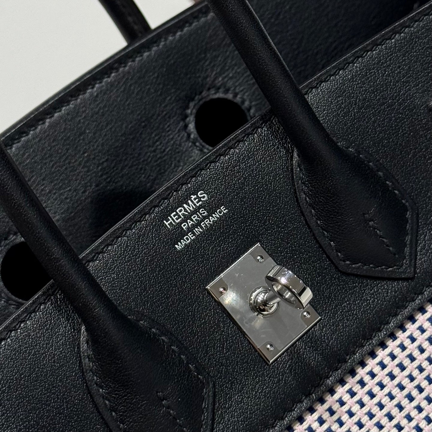 Hermès Birkin Bag 25cm Silver Hardware Black Swift Leather Blue Canvas