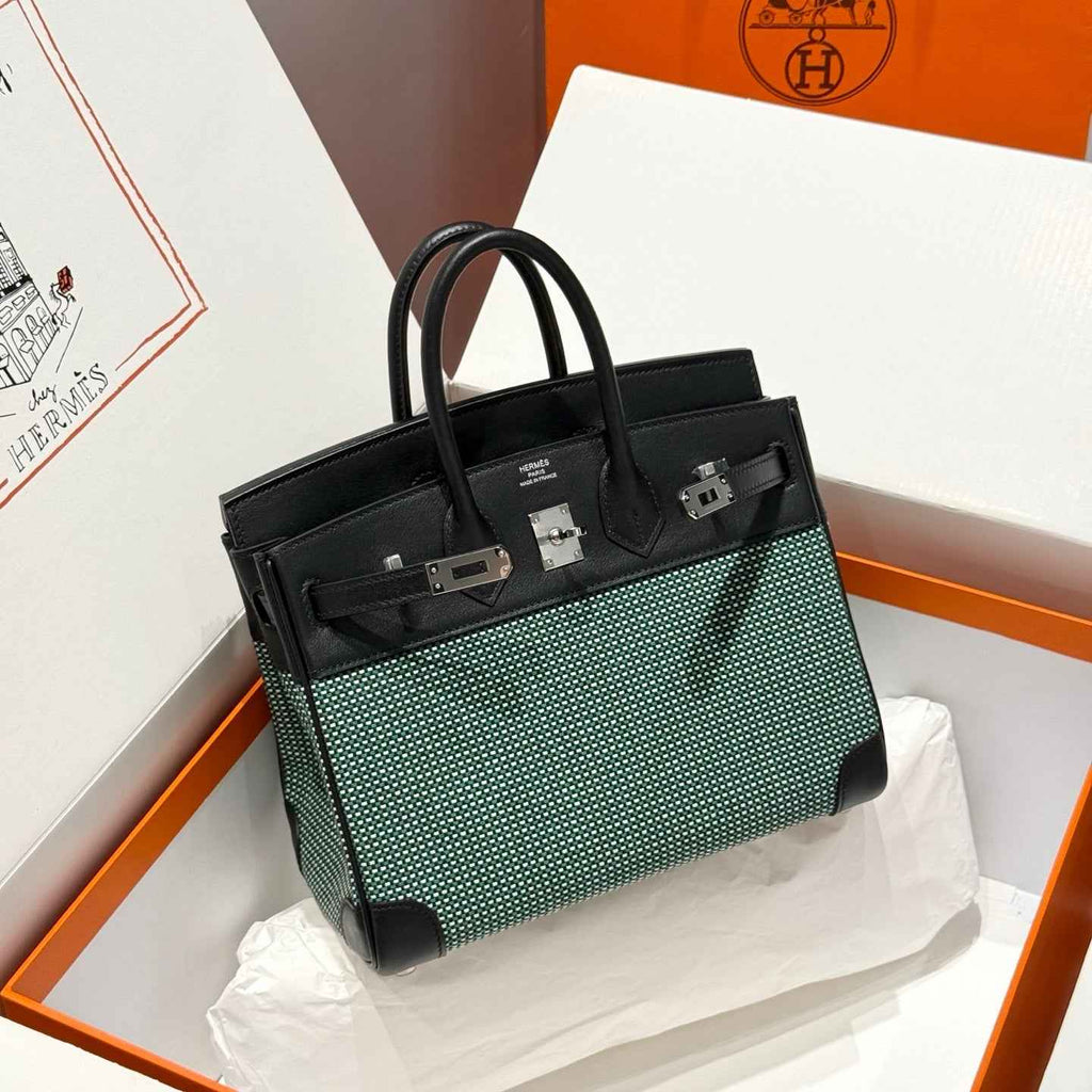 Hermès Birkin Bag 25cm Silver Hardware Black Swift Leather Green Canvas