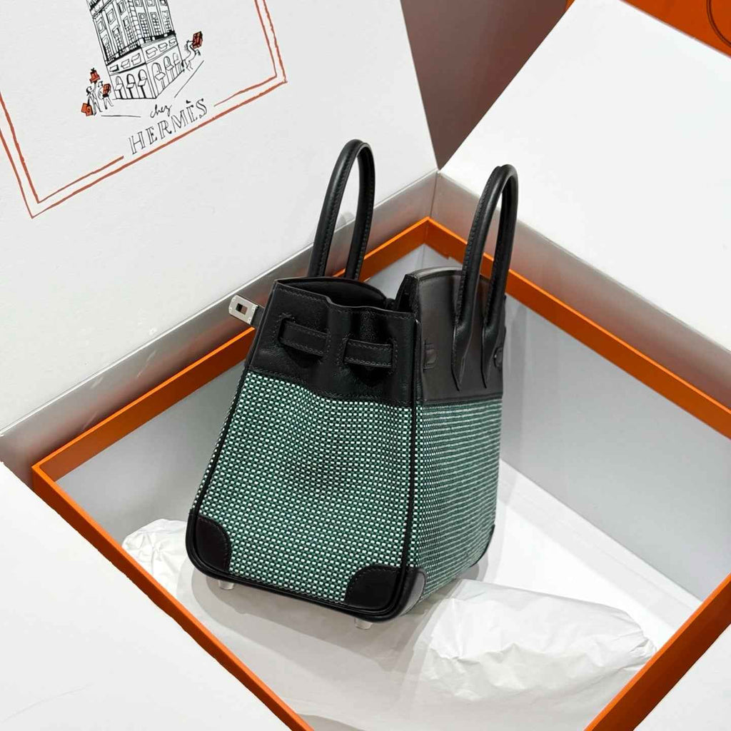 Hermès Birkin Bag 25cm Silver Hardware Black Swift Leather Green Canvas