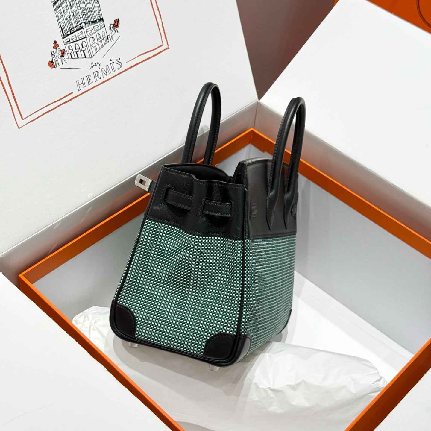 Hermès Birkin Bag 25cm Silver Hardware Black Swift Leather Green Canvas