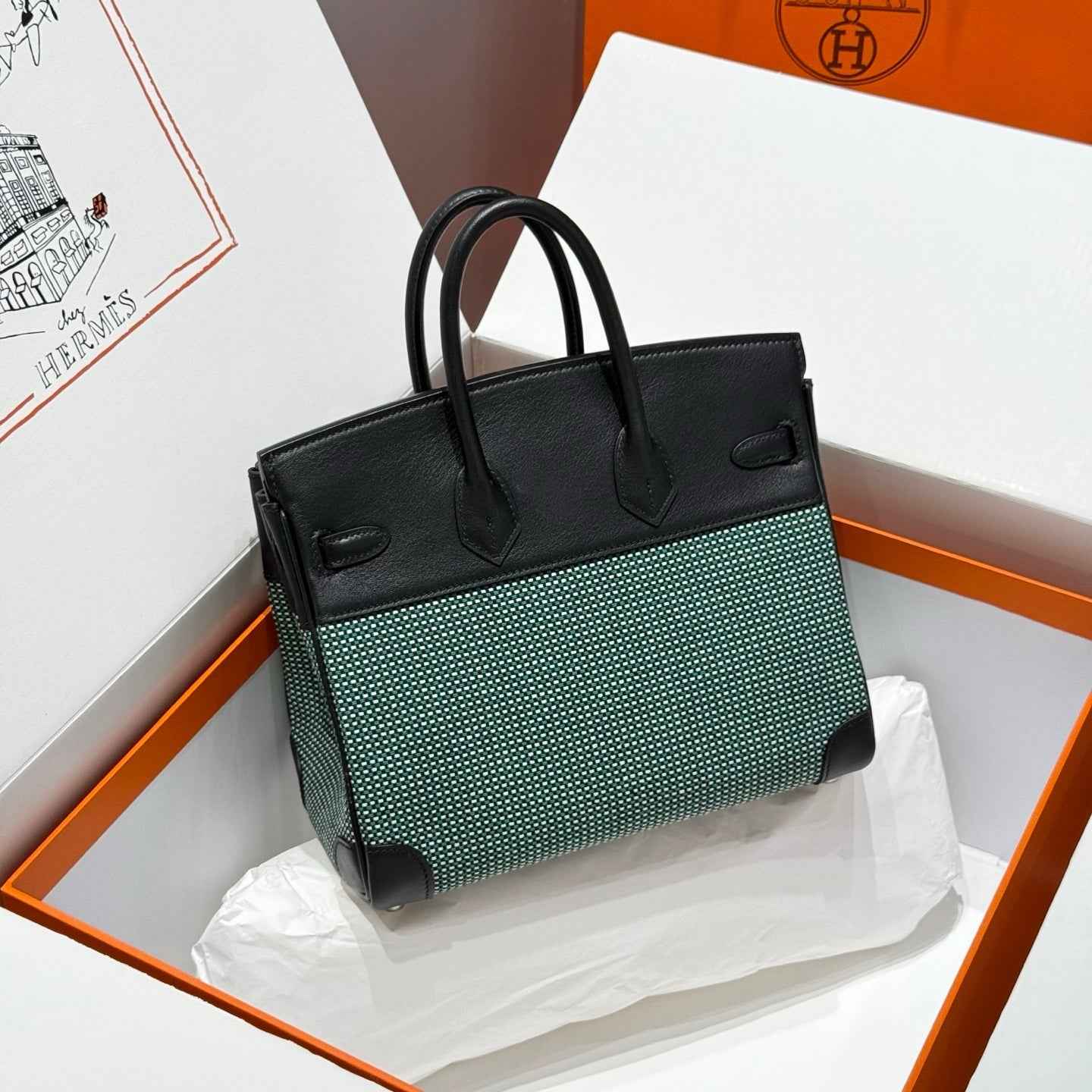 Hermès Birkin Bag 25cm Silver Hardware Black Swift Leather Green Canvas