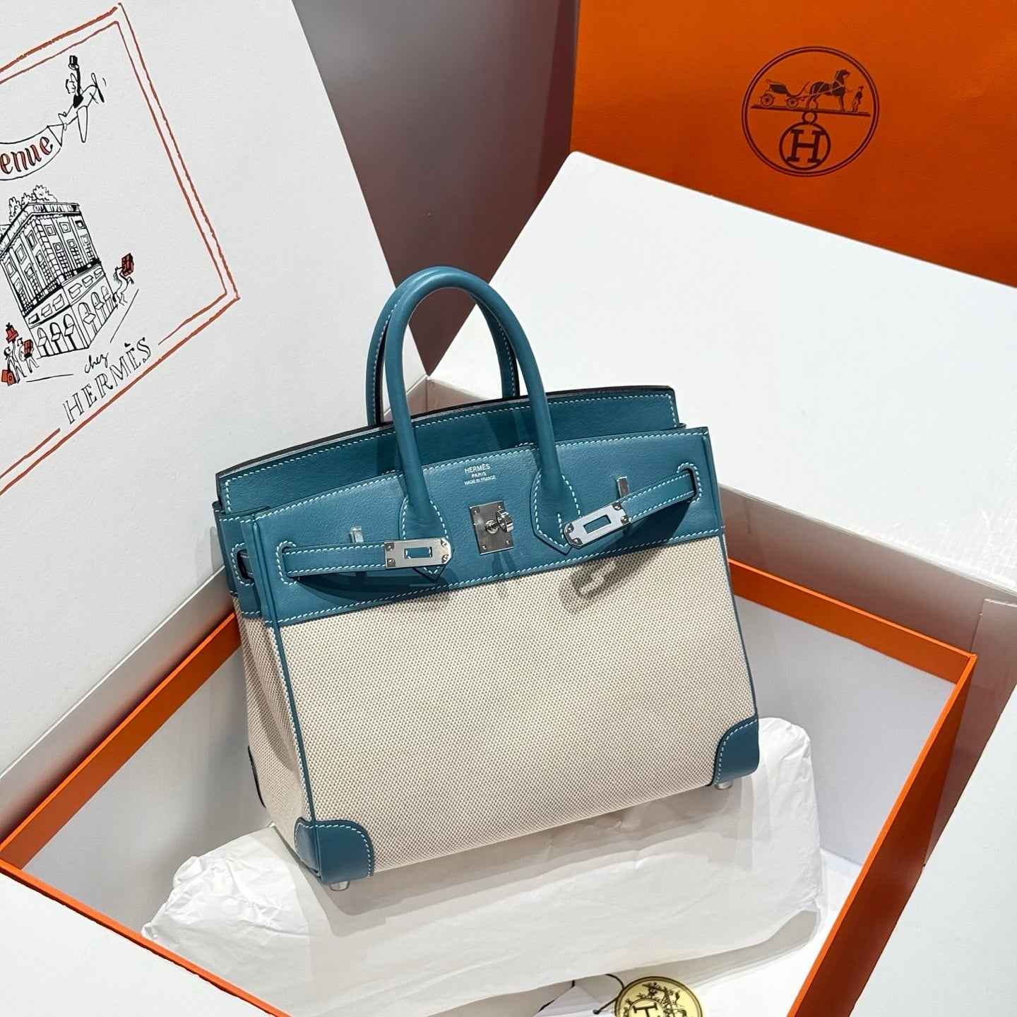 Hermès Birkin Bag 25cm Blue Swift Leather Canvas Silver Hardware