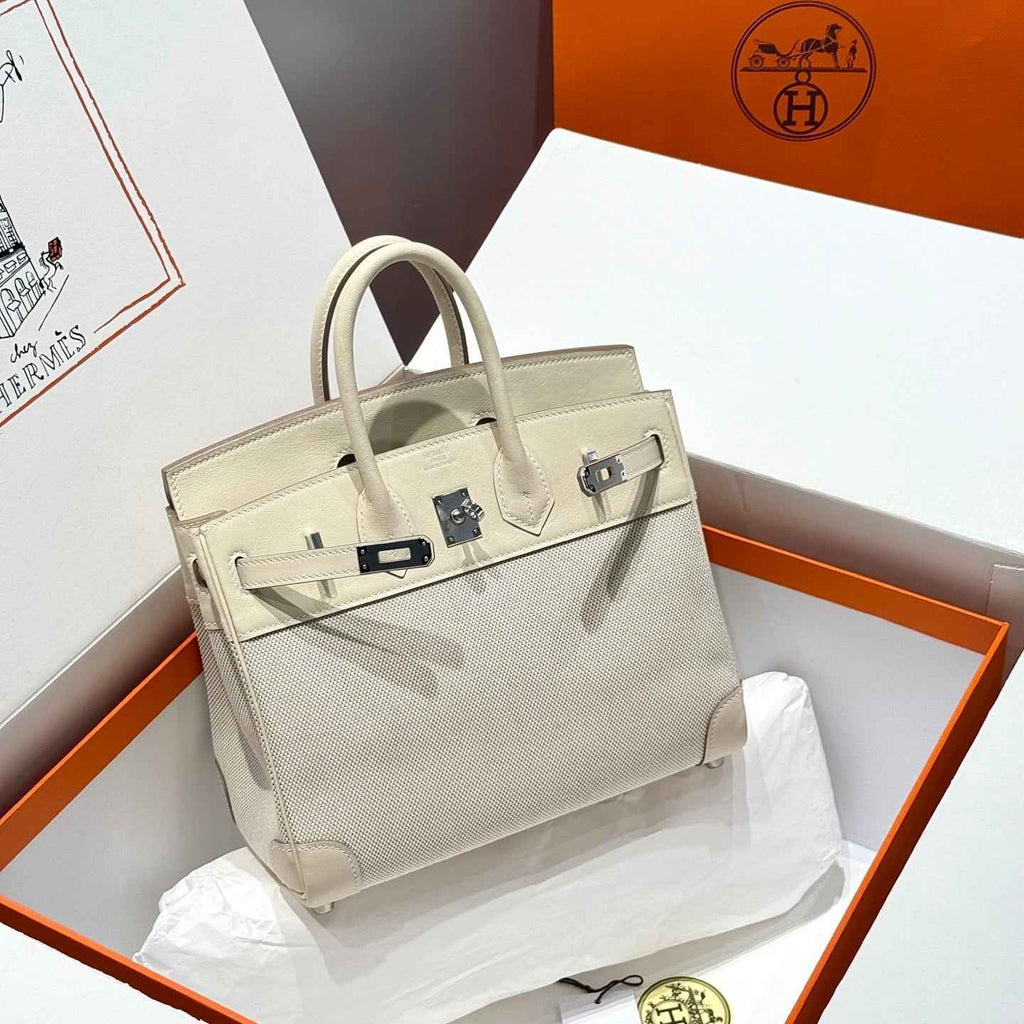 Hermès Birkin Bag 25cm White Swift Leather Canvas Silver Hardware