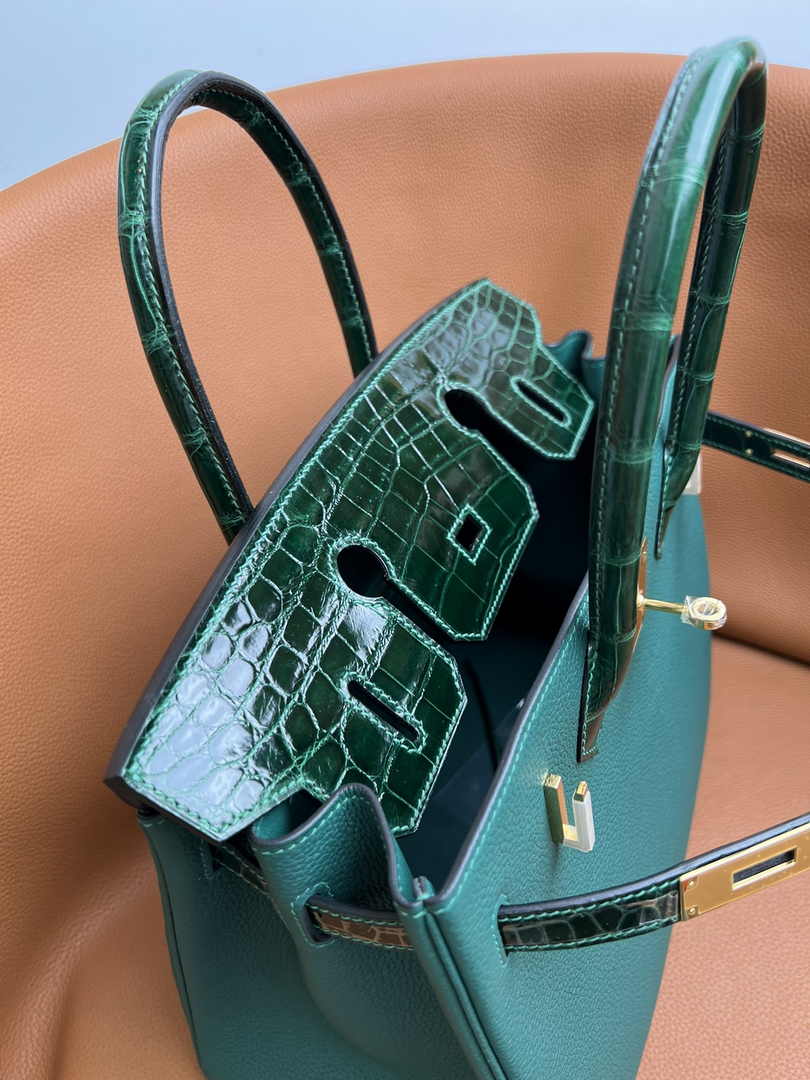Hermès Birkin Bag Dark Green Crocodile Togo Gold Hardware H8603
