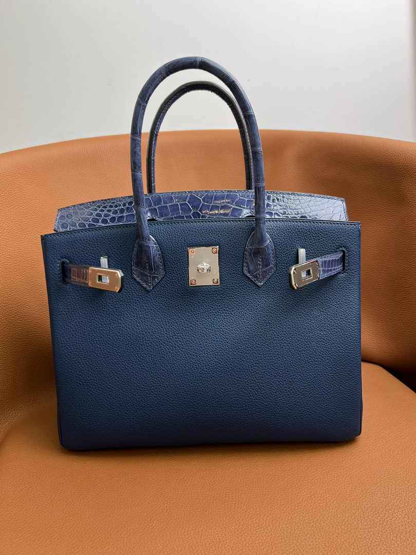 Hermès Birkin Bag Navy Blue Crocodile Togo Gold Hardware H8605