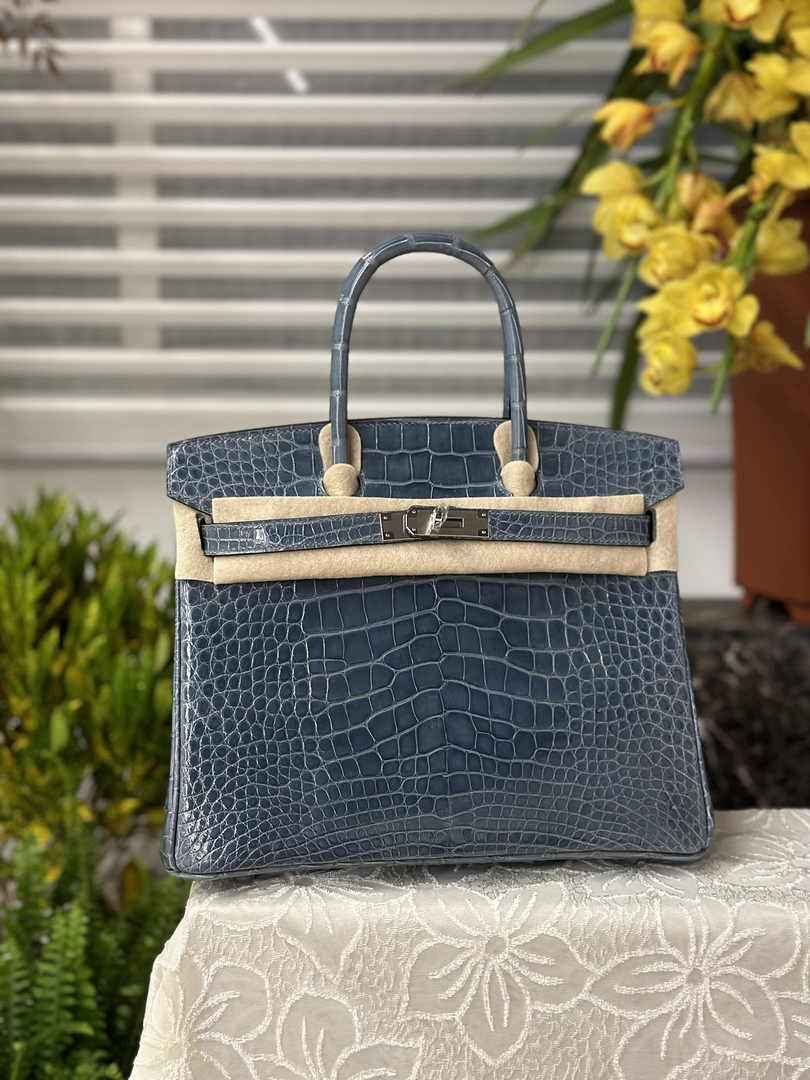 Hermès Birkin Bag 30cm Blue Crocodile Leather Silver Hardware H6881
