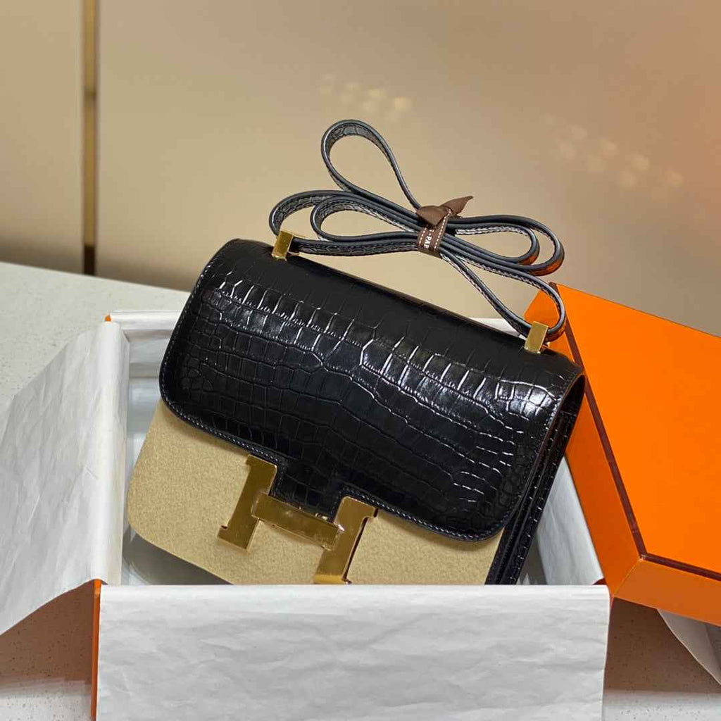 Hermes Constance Bag Black Crocodile Leather Gold H2800