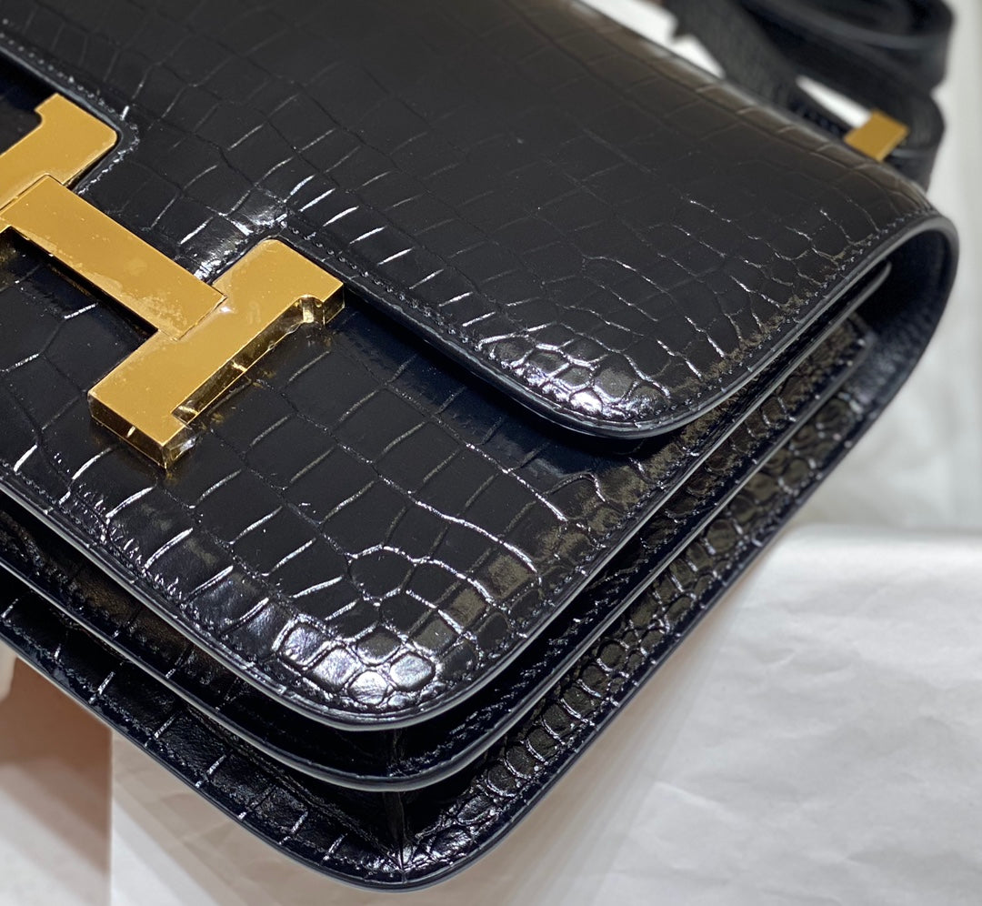 Hermes Constance Bag Black Crocodile Leather Gold H2800