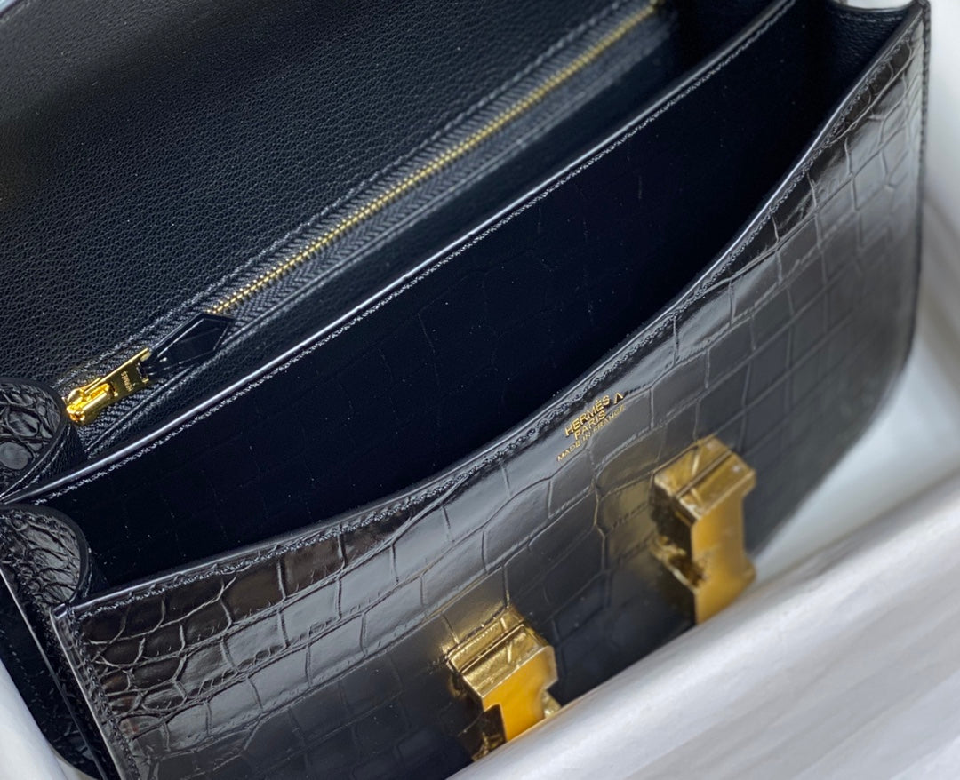 Hermes Constance Bag Black Crocodile Leather Gold H2800