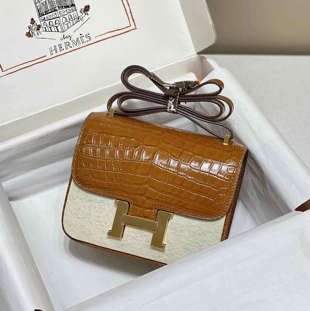 Hermes Constance Bag Brown Crocodile Leather Gold H2801