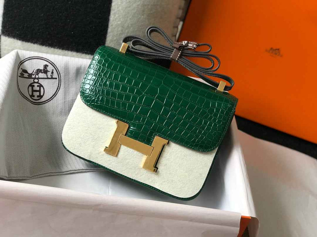 Hermes Constance Bag Green Crocodile Leather Gold H2802