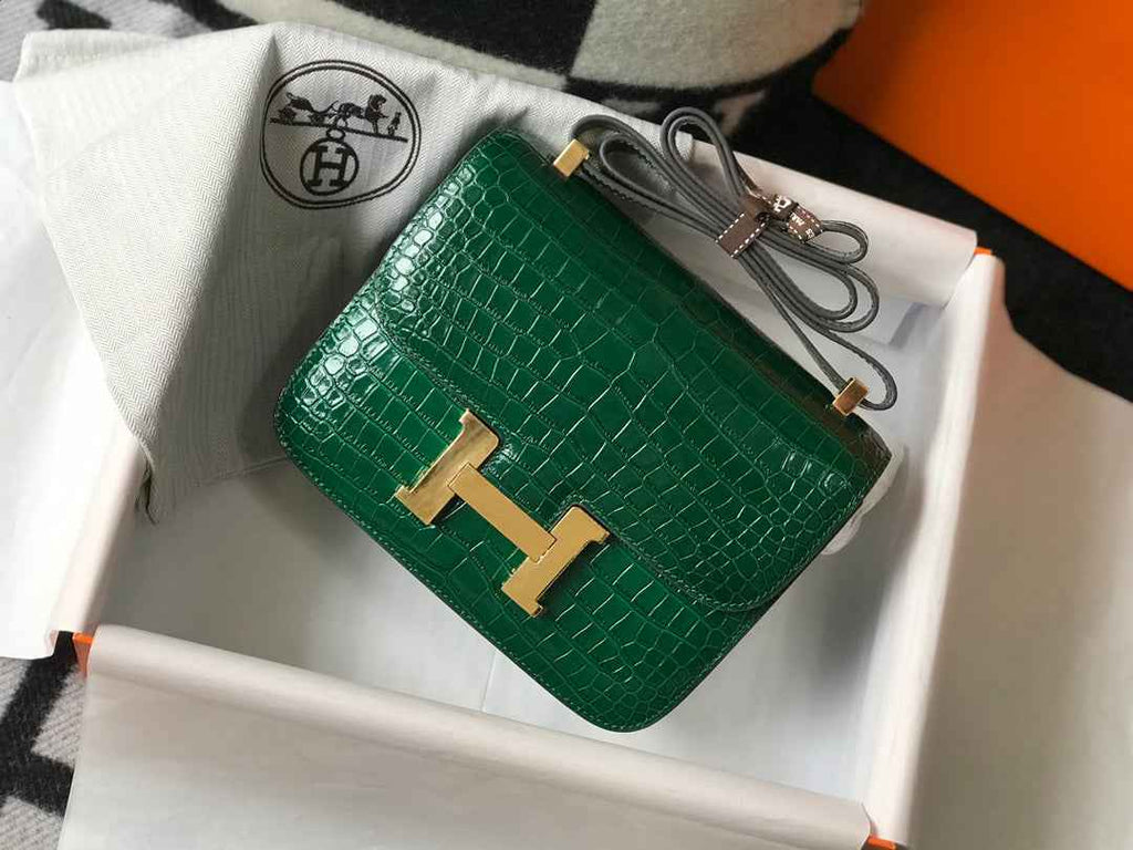 Hermes Constance Bag Green Crocodile Leather Gold H2802