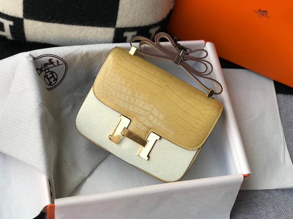 Hermes Constance Bag Apricot Crocodile Leather Gold H2808