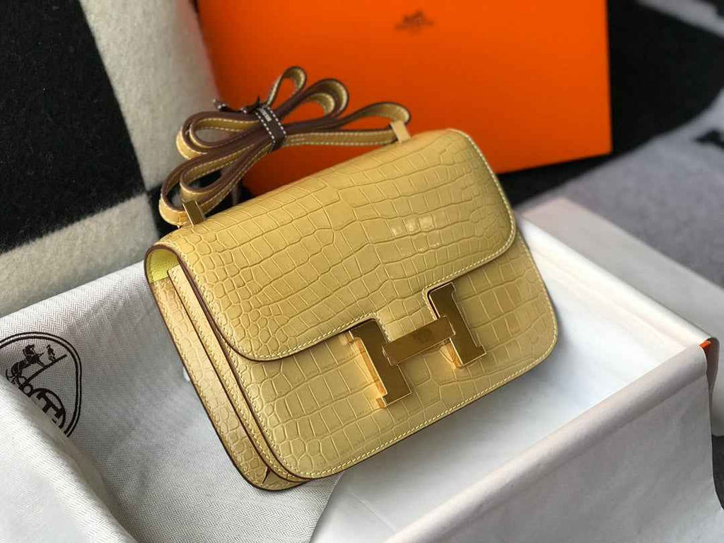 Hermes Constance Bag Apricot Crocodile Leather Gold H2808