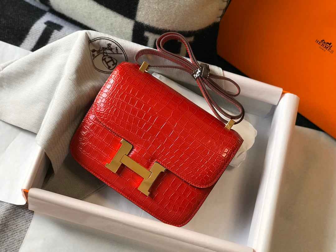 Hermes Constance Bag Red Crocodile Leather Gold H2807