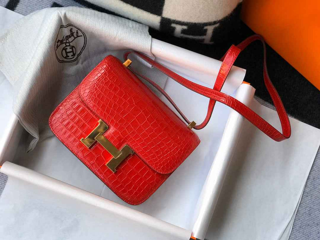 Hermes Constance Bag Red Crocodile Leather Gold H2807