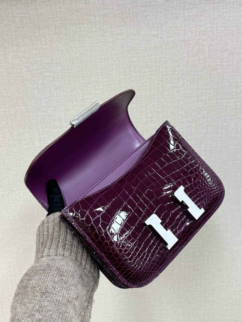 Hermes Constance Crocodile Leather Dark Purple Silver H282270