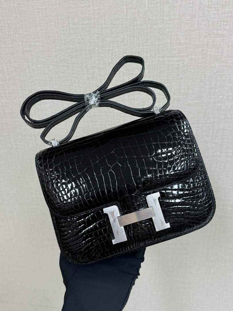 Hermes Constance Crocodile Leather Black Silver H282260