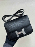 Hermes Constance Crocodile Leather Bag Black Silver H282276