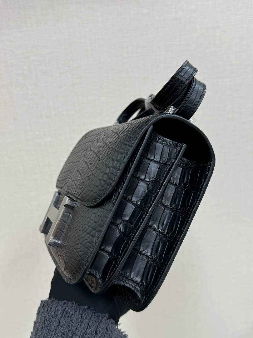 Hermes Constance Crocodile Leather Bag Black Silver H282276