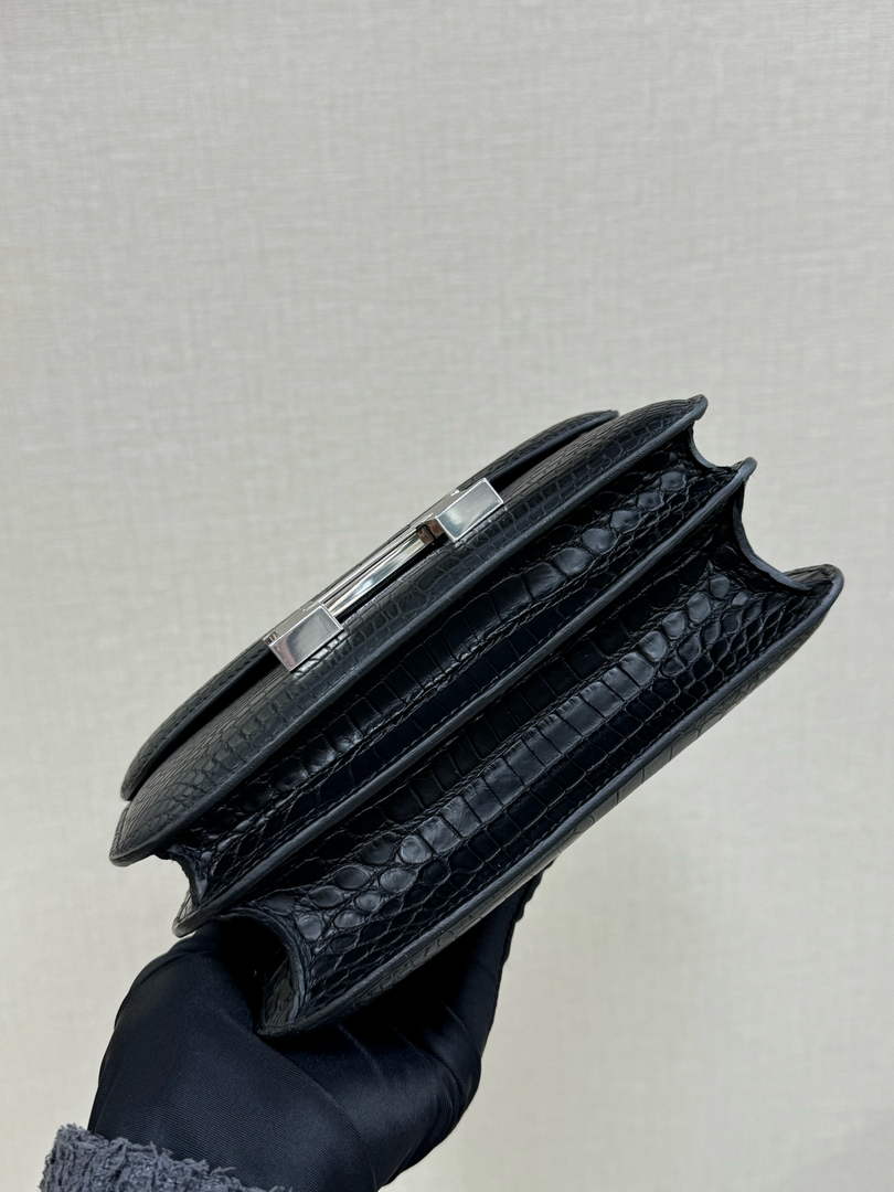 Hermes Constance Crocodile Leather Bag Black Silver H282276