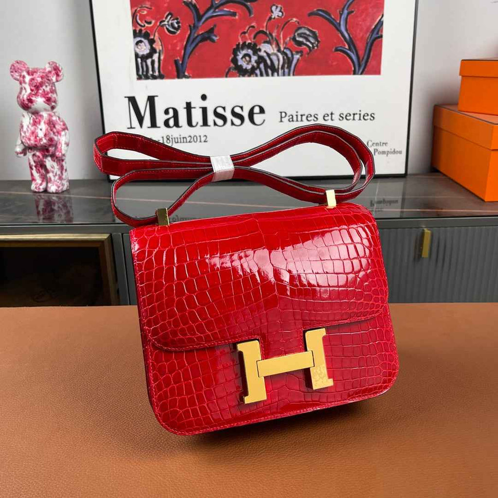 Hermes Constance Crocodile Leather Bag Red Gold H282281