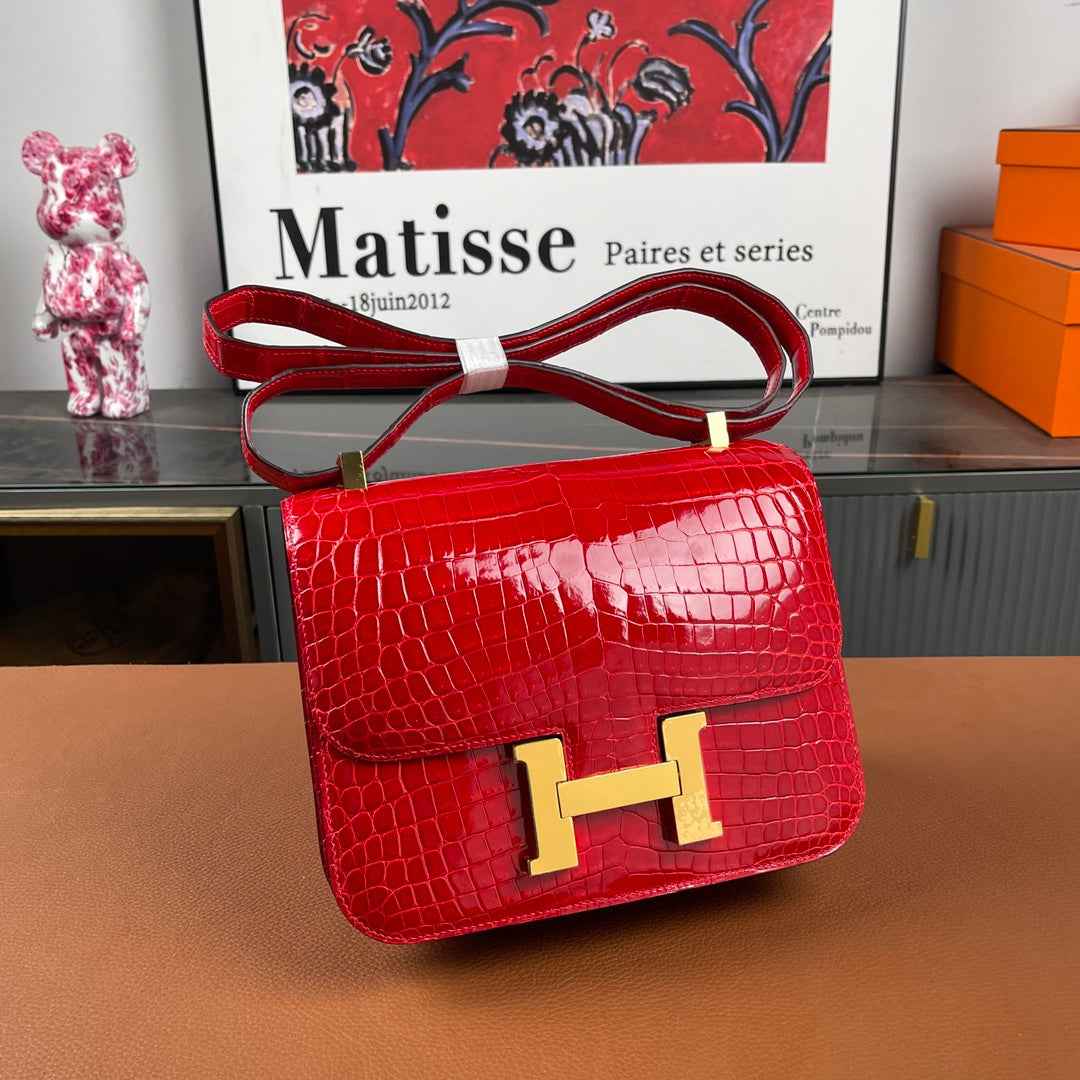Hermes Constance Crocodile Leather Bag Red Gold H282281