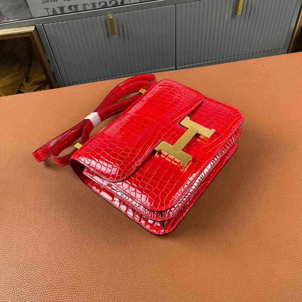 Hermes Constance Crocodile Leather Bag Red Gold H282281
