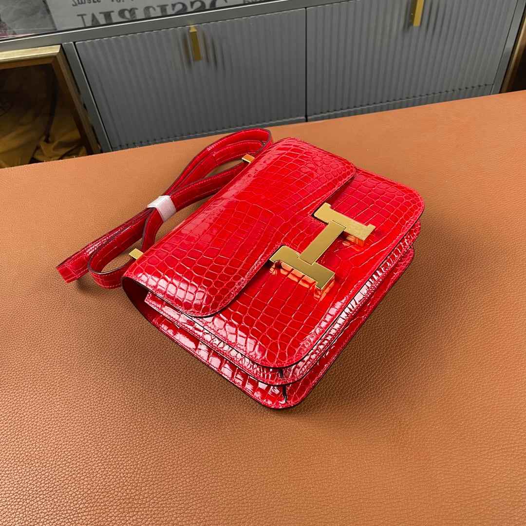 Hermes Constance Crocodile Leather Bag Red Gold H282281