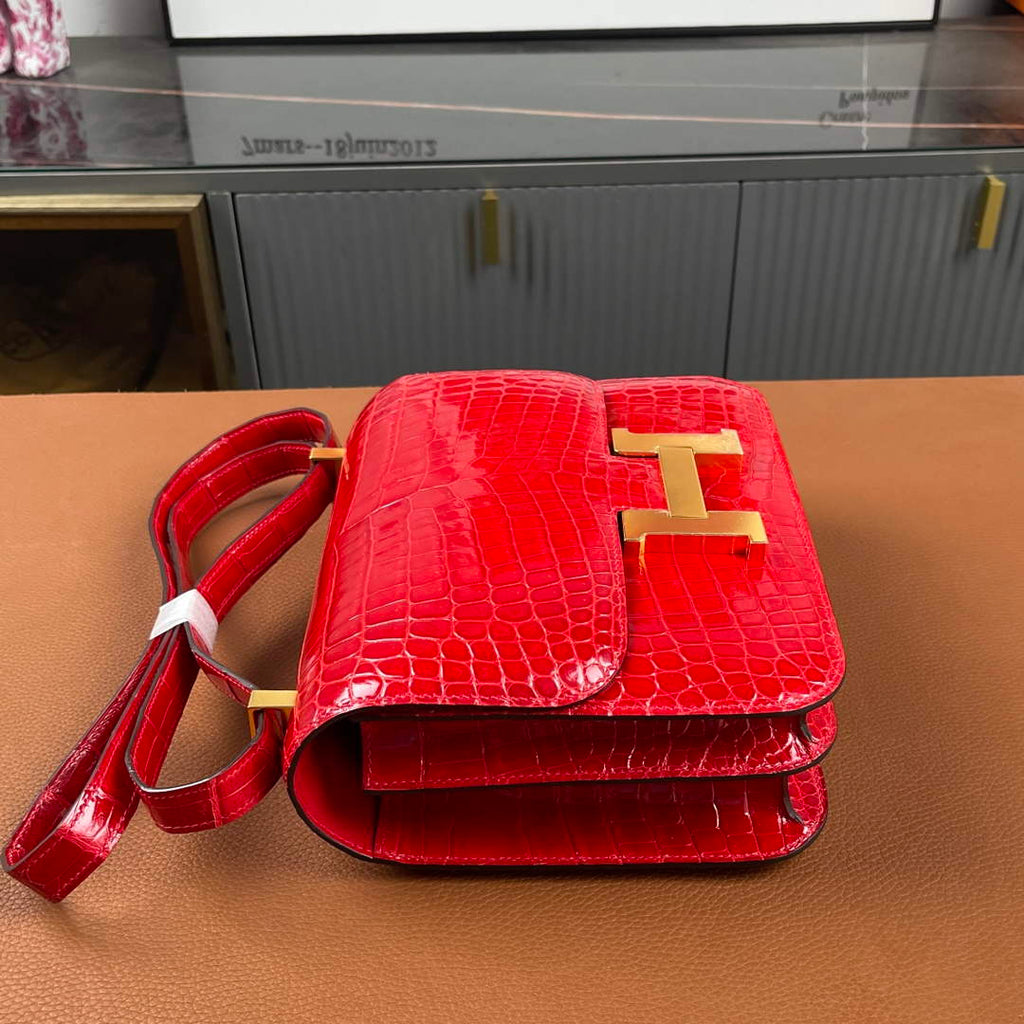 Hermes Constance Crocodile Leather Bag Red Gold H282281
