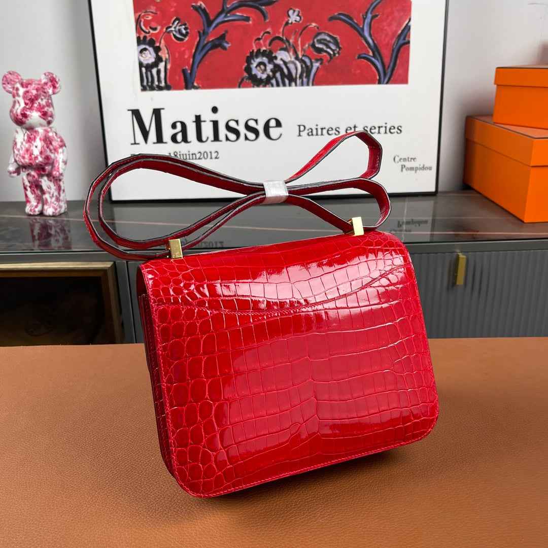 Hermes Constance Crocodile Leather Bag Red Gold H282281