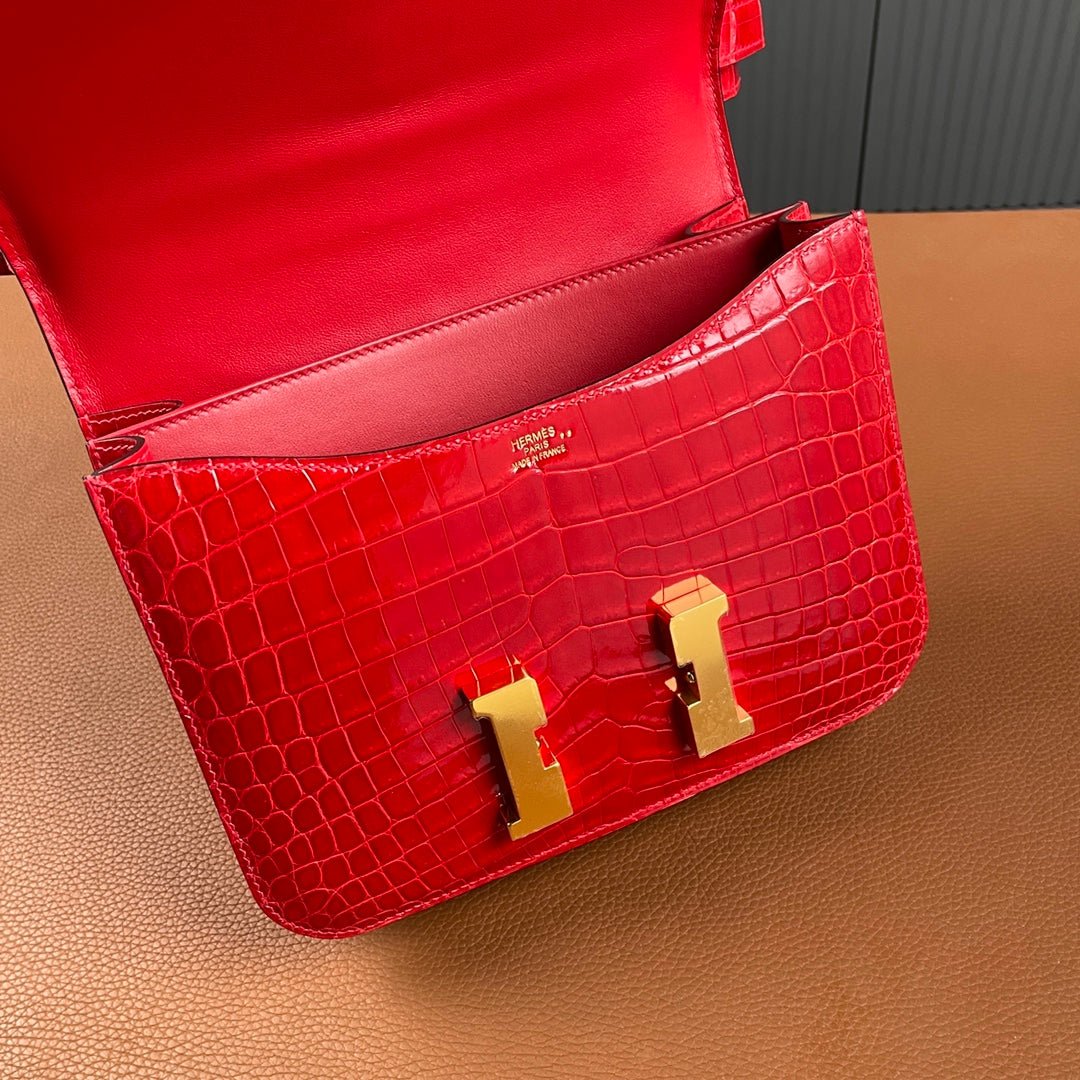 Hermes Constance Crocodile Leather Bag Red Gold H282281