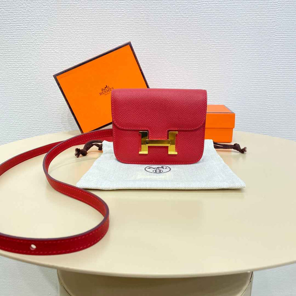 Hermes Constance Slim Wallet Red Epsom Leather Gold H082080