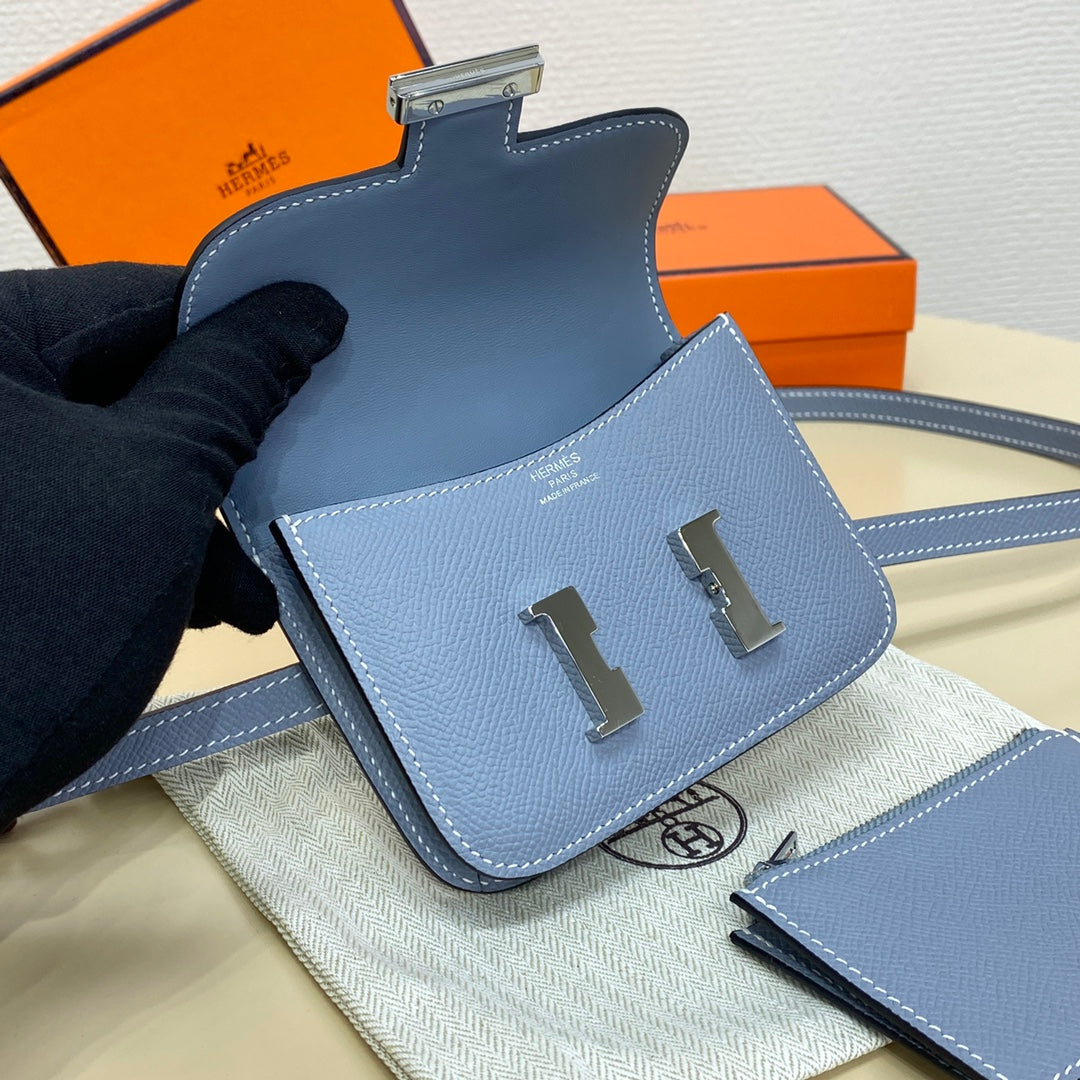 Hermes Constance Slim Wallet Blue Epsom Leather Silver H082083