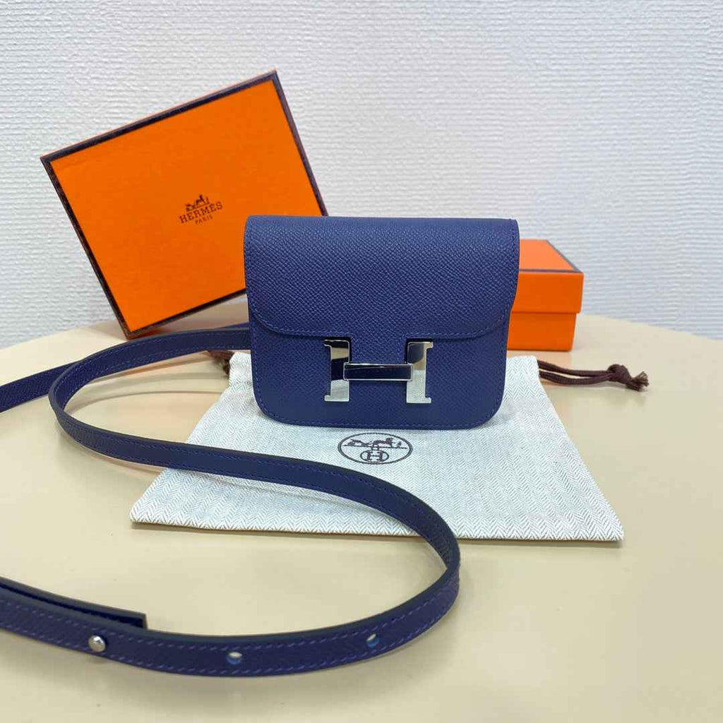 Hermes Constance Slim Wallet Navy Blue Epsom Leather Silver H082089