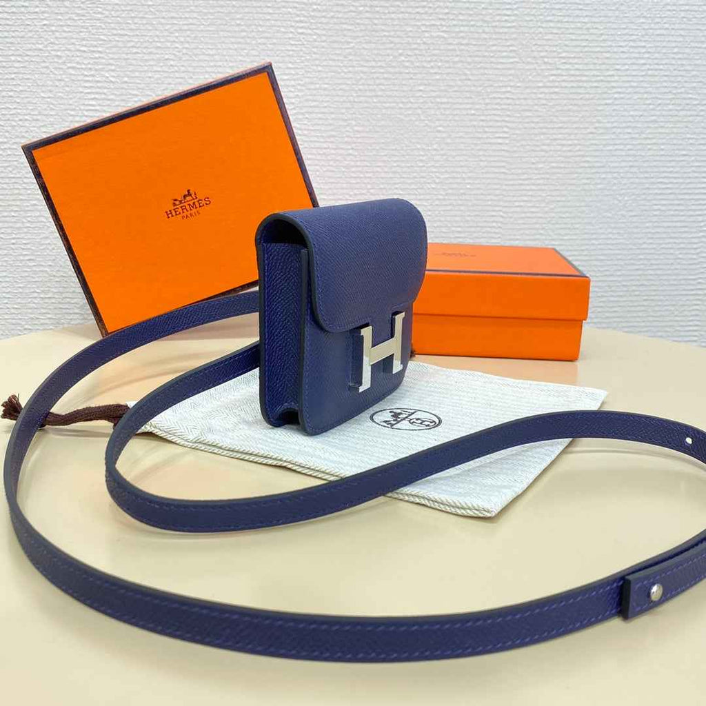 Hermes Constance Slim Wallet Navy Blue Epsom Leather Silver H082089