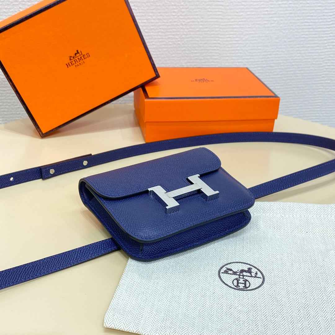 Hermes Constance Slim Wallet Navy Blue Epsom Leather Silver H082089