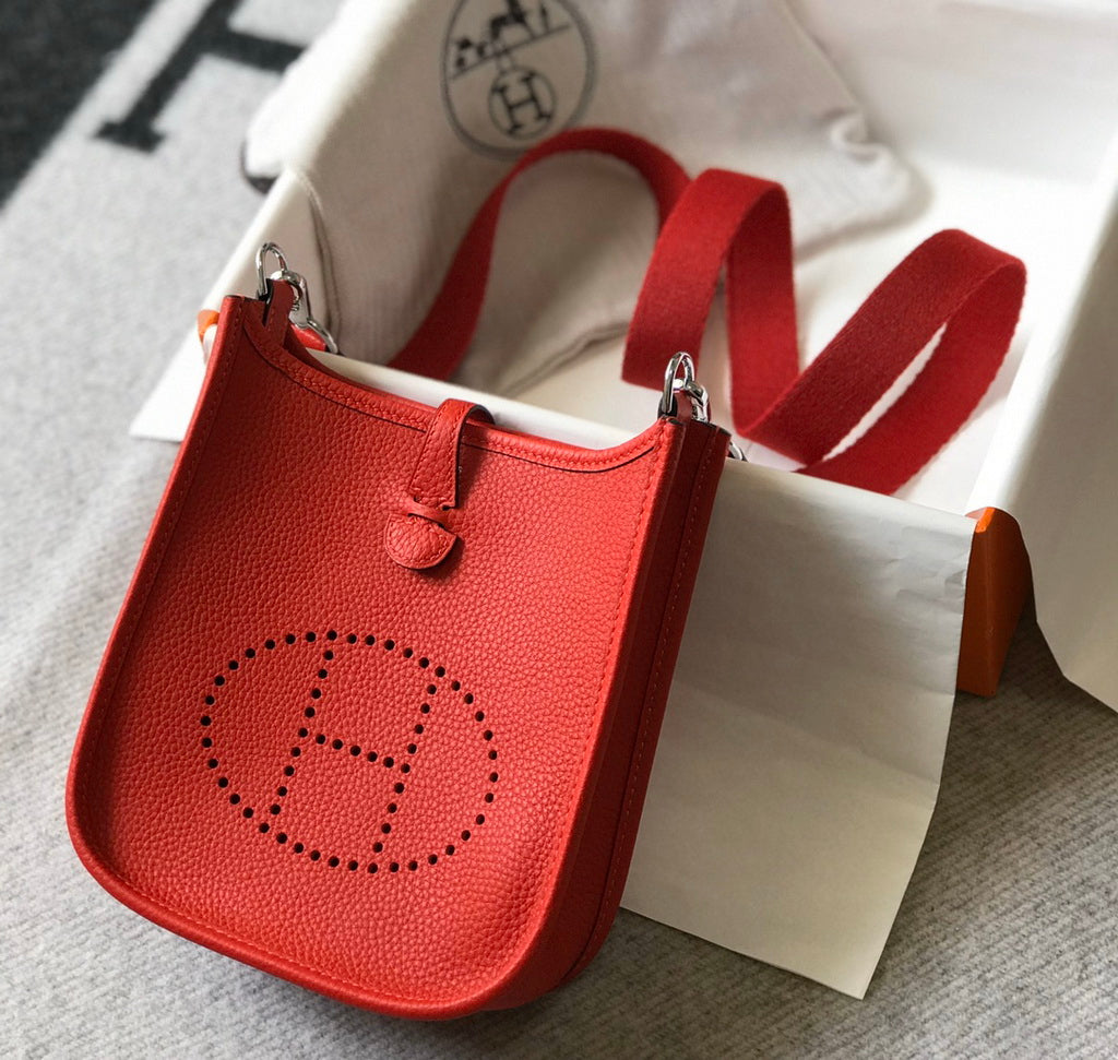 Hermès Evelyne 18 Togo Leather Shoulder Mini Bag Silver Red