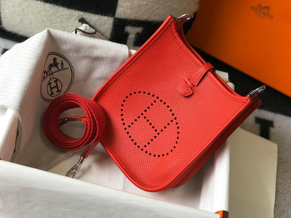Hermès Evelyne 18 Togo Leather Shoulder Mini Bag Silver Red