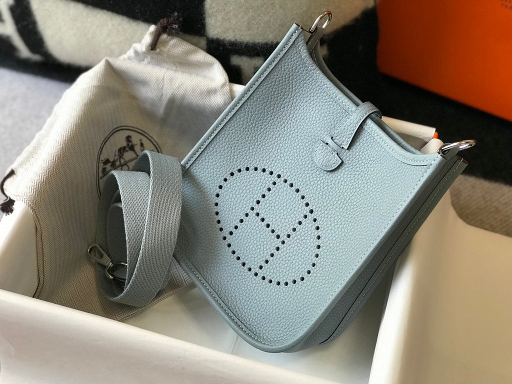 Hermès Evelyne 18 Togo Leather Shoulder Mini Bag Silver Light Blue