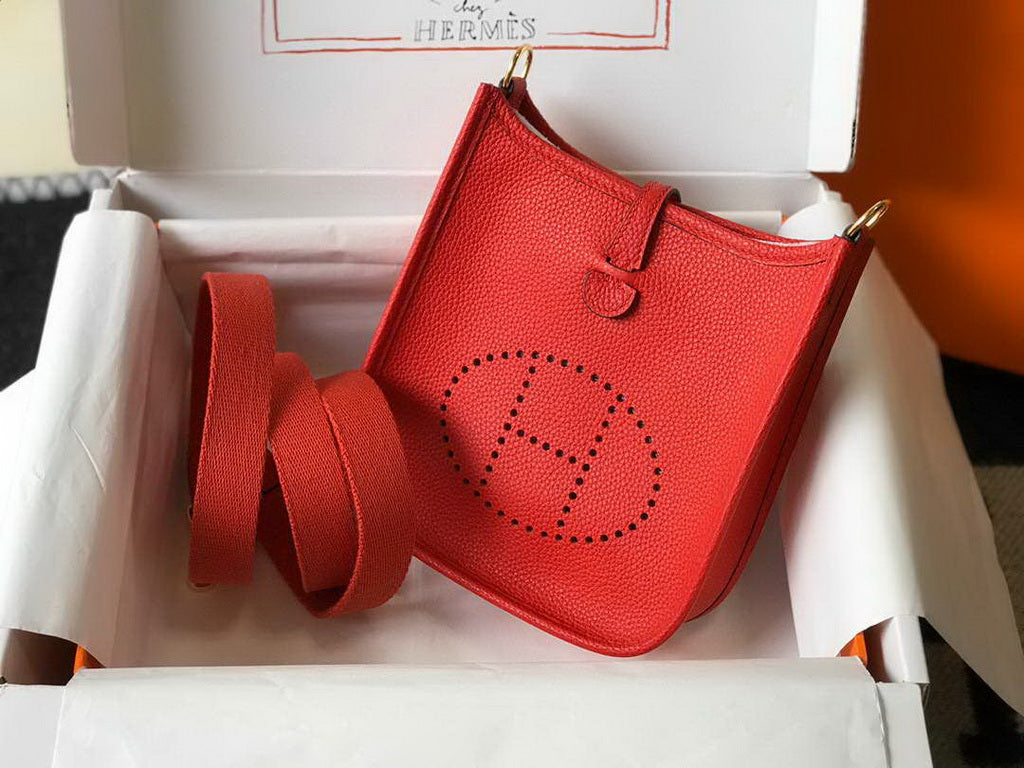 Hermes Evelyne III 18 Togo Leather Crossbody half Handmade Bag Gold Red
