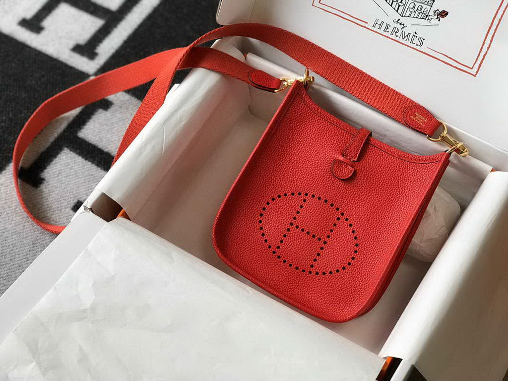 Hermes Evelyne III 18 Togo Leather Crossbody half Handmade Bag Gold Red
