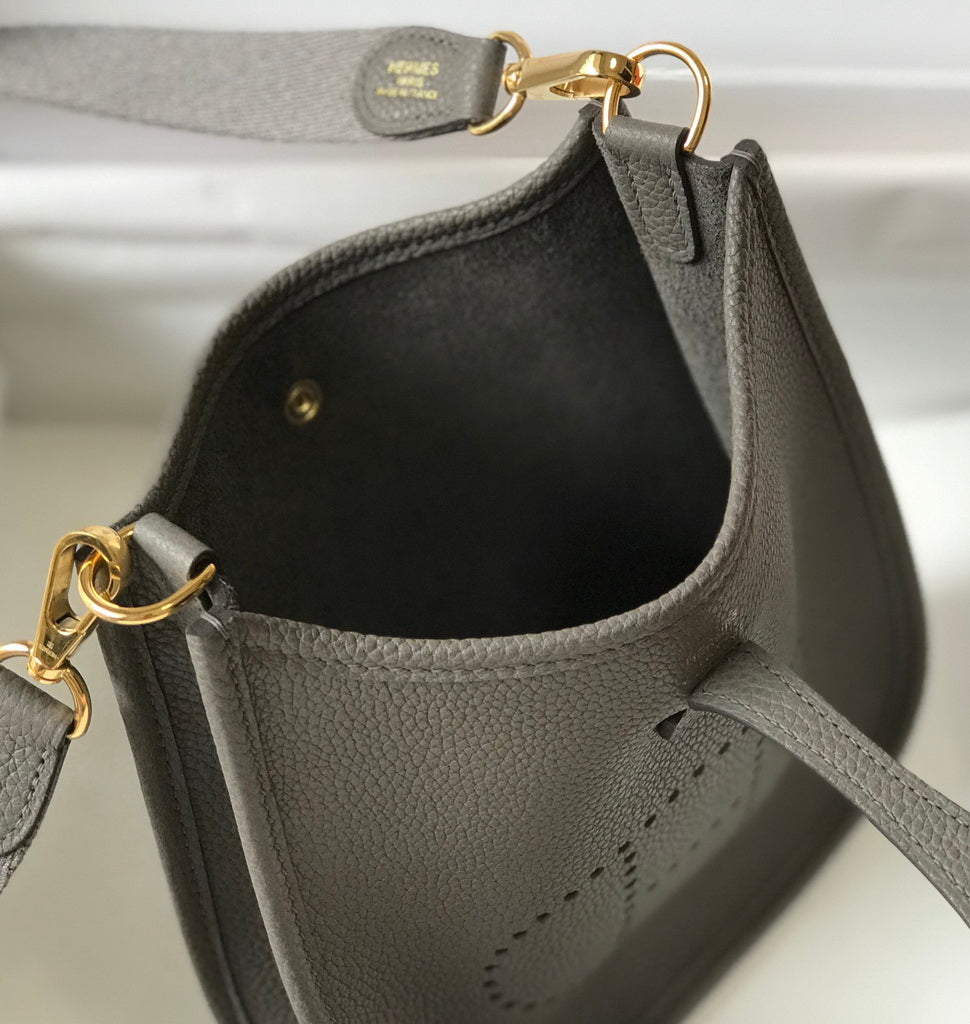 Hermes Evelyne III 18 Togo Leather Crossbody half Handmade Bag Gold Dark Gray