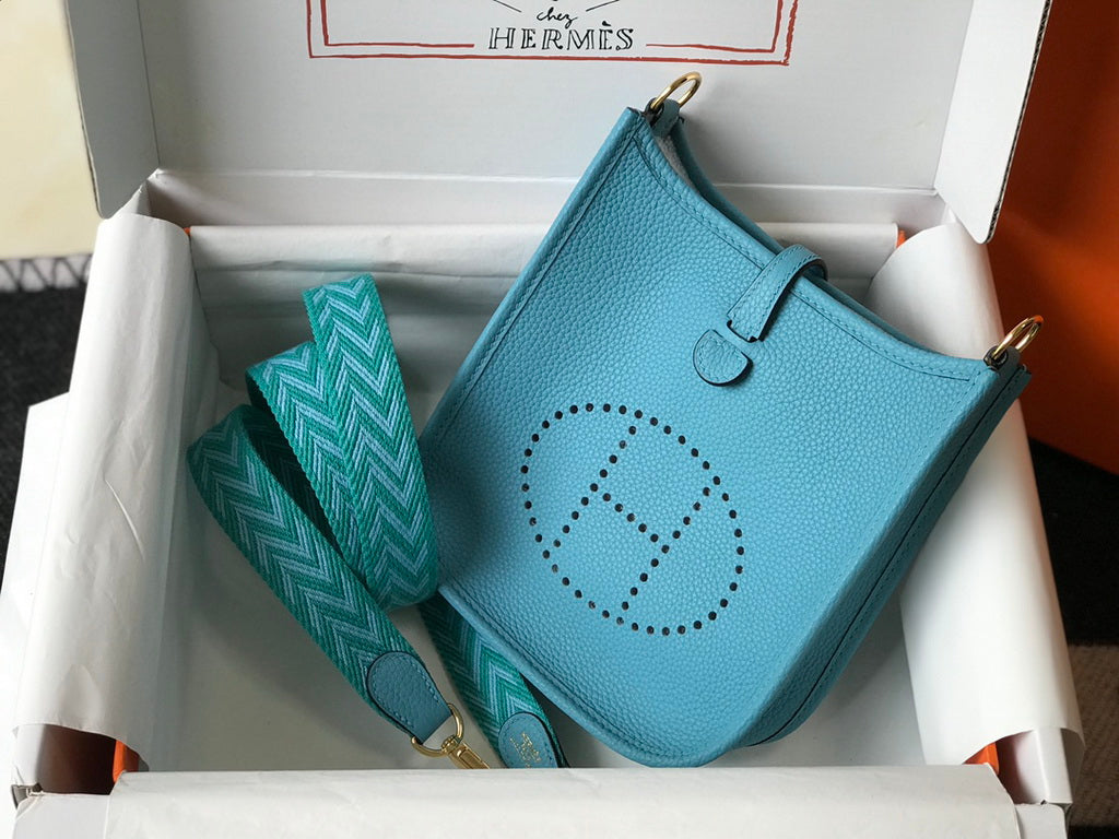 Hermes Evelyne III 18 Togo Leather Crossbody half Handmade Bag Gold Blue