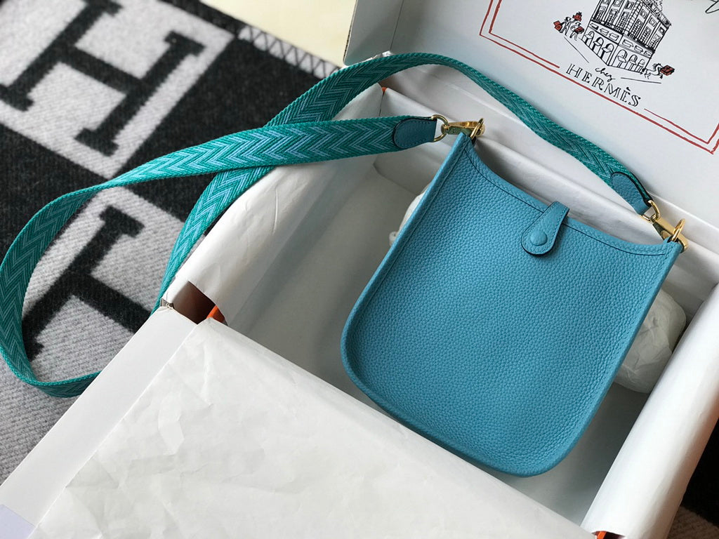 Hermes Evelyne III 18 Togo Leather Crossbody half Handmade Bag Gold Blue