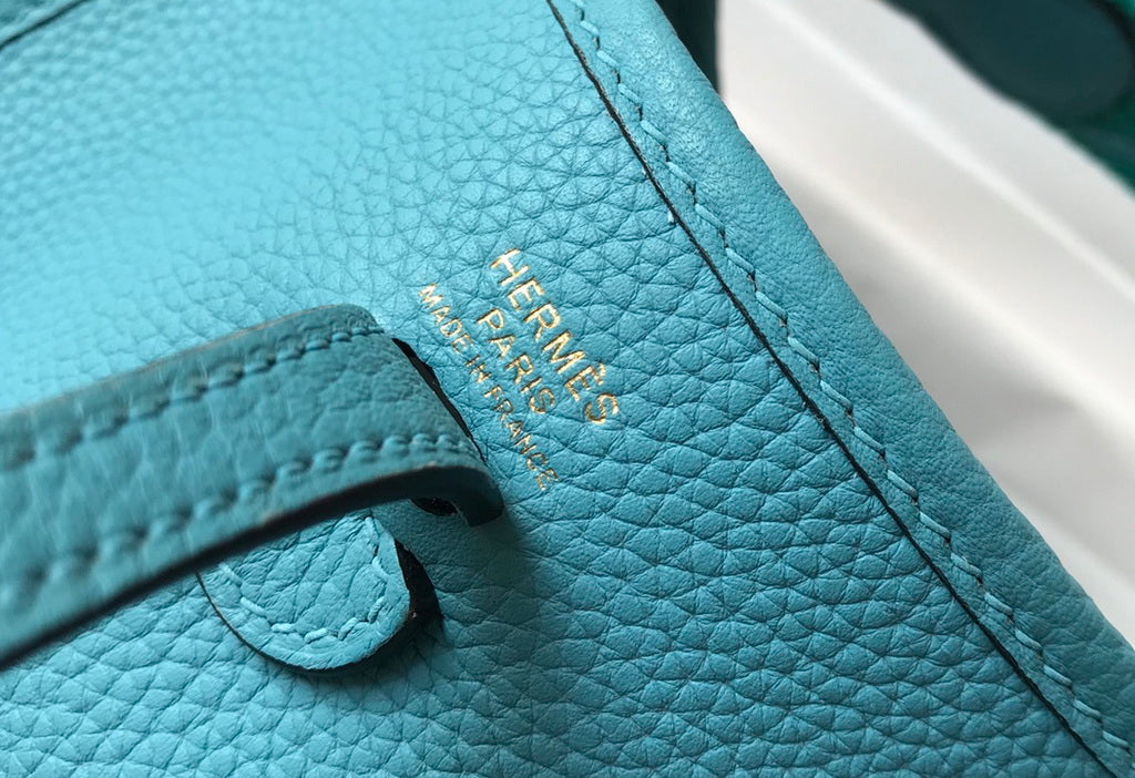 Hermes Evelyne III 18 Togo Leather Crossbody half Handmade Bag Gold Blue