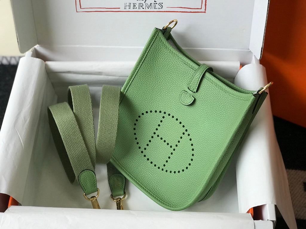 Hermes Evelyne III 18 Togo Leather Crossbody half Handmade Bag Gold Light Green