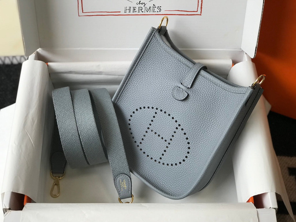 Hermes Evelyne III 18 Togo Leather Crossbody half Handmade Bag Gold Light Blue